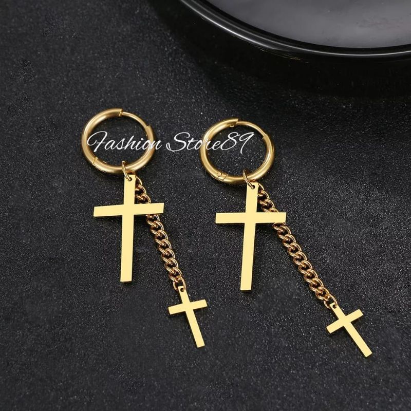 Anting tusuk jurai salib / anting fashion salib /anting salib gold Silver black