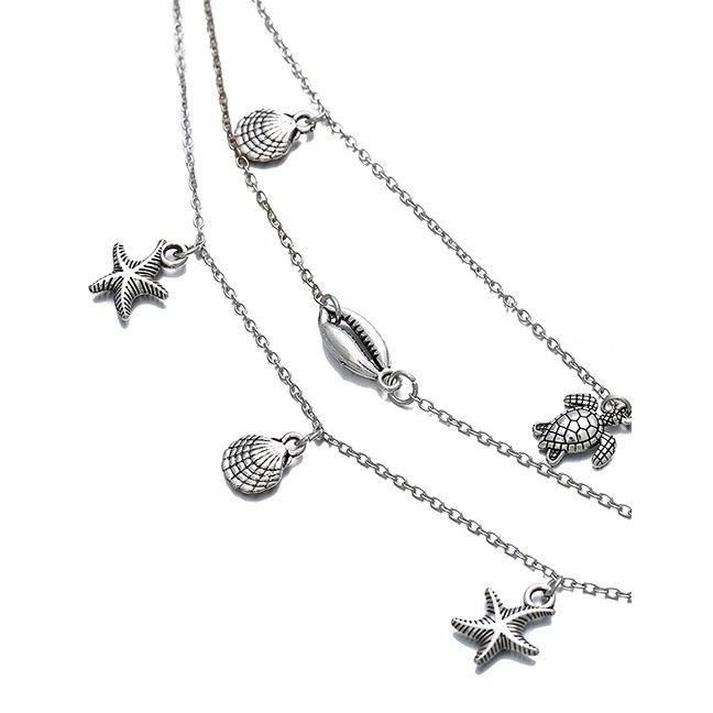 LRC Gelang Kaki Fashion Silver Metal Shell Starfish Turtle Multi-layered Anklet F74812