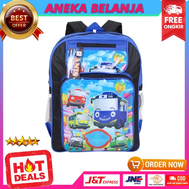 Tas Ransel Anak Keplek Motif Little Bus Biru Back Pack Sekolah Laki Laki Bahan Polyester Awet Berkualitas