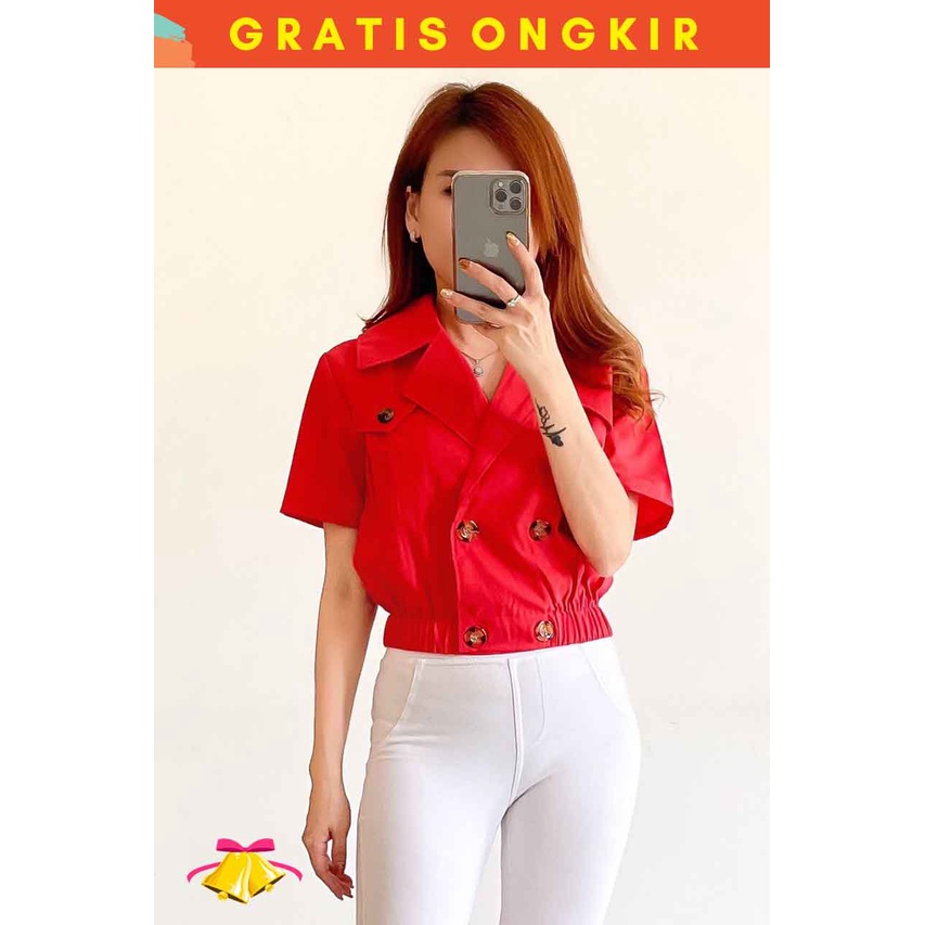 COTTONBELLS ATASAN CASUAL WANITA QILLA BUTTON PLAID V CROP TOP (AL - B 12511)-3