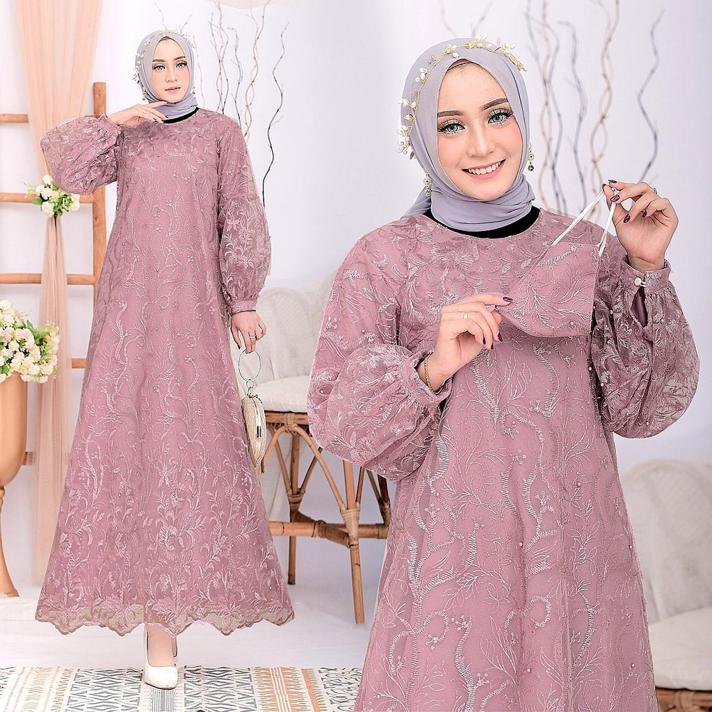 (New Free Masker Brukat) Arumi Full Brukat Tile Mutiara / Size S-M, L , XL, XXL / Gamis Pesta / Gamis Kondangan / Gamis Brokat Muslimah