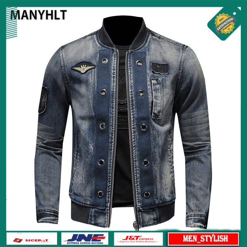 Jaket Denim Pria Original Premium Stand Collar Men's Motorcycle Biker zipper Jeans Jackets Patchwork