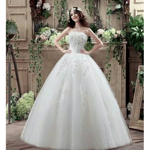 Gaun pengantin gaun pesta pernikahan putih elegan tanpa lengan ball gown DUPE