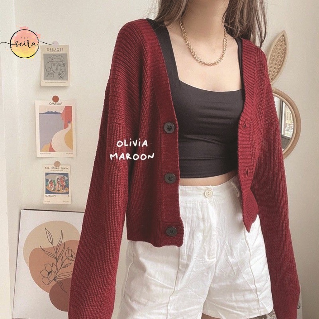 [BISA COD] Olivia Cardy Crop Tebal / Eireen Crop Cardy / Kardigan Rajut Olivia / Cardi balon-Olivia Maroon