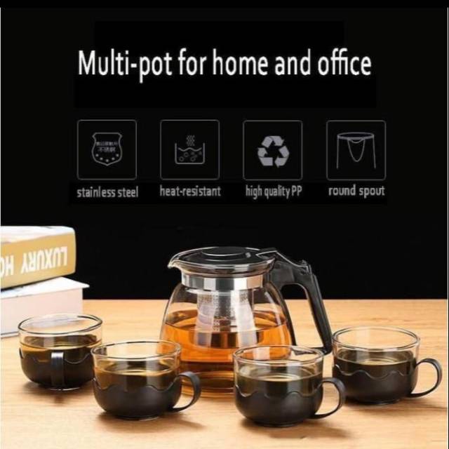 Teko + gelas kaca set isi 5 pcs / tea pot kaca