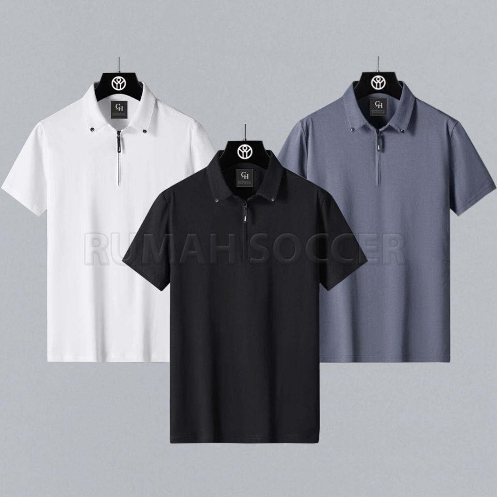 Kaos Kerah Pria Lengan Pendek Resleting ELYON Polo Shirt Formal Hitam Polos