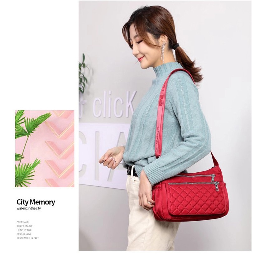 Tas Wanita Crossbody Tahan Air Nilon Kotak-kotak Messenger Bahu Tas Kasual Top-Handle Wanita