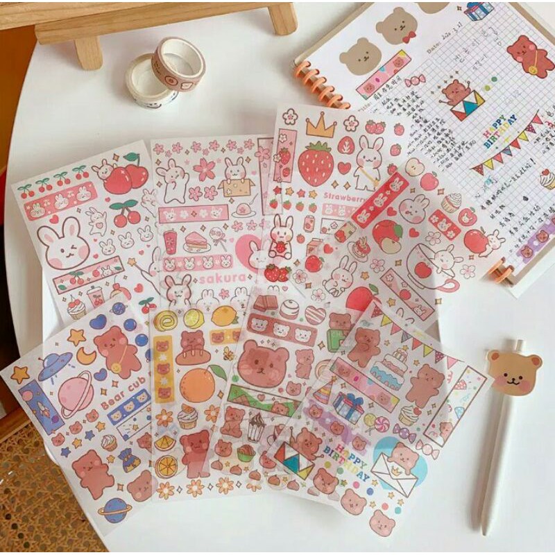

4pcs Stiker Kartun Beruang/Kelinci lucu gaya kartun Korea utk dekorasi scrapbook/jurnal/diary/DIY
