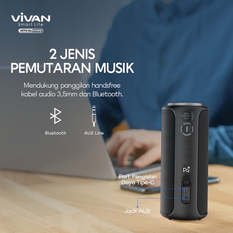 VIVAN Bluetooth Speaker VS30 Portable Waterproof IPX7 Subwoofer 20W 15 Jam Playtime Garansi Resmi 1 Tahun