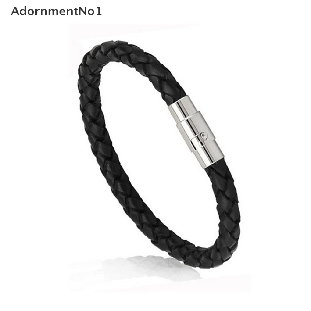 (AdornmentNo1) Gelang Tangan Kulit Hitam Aksen Buckle Magnet Bahan Stainless Steel Untuk Pria / Wanita