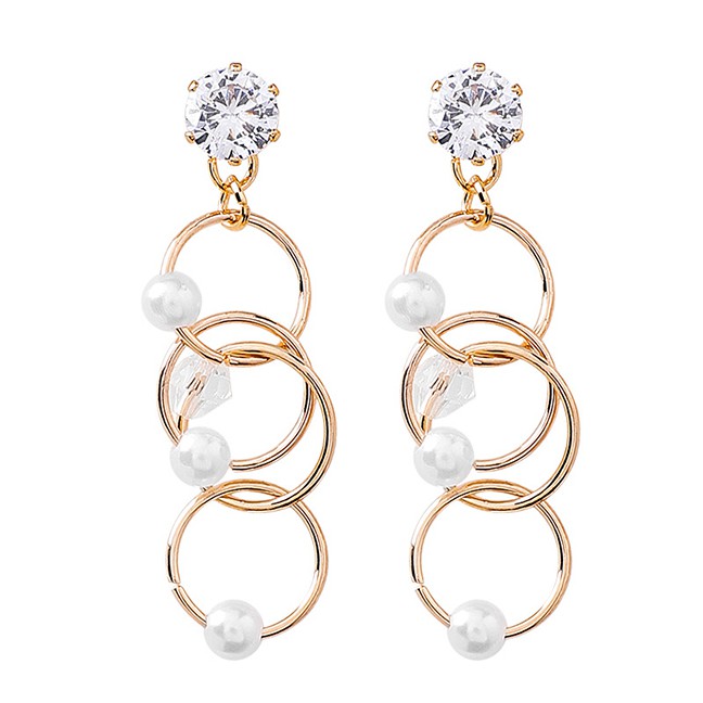 LRC Anting Tusuk Fashion Gold 925 Silver Needle Circle Pearl Crystal Earrings F48440
