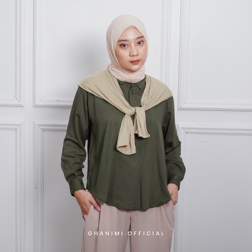 Ghanimi - Sofia Shirt / Kemeja Polos Syal / kemeja kerja casual simple polos murah / atasan simple kancing kerah rajut lengan panjang wudhu friendly