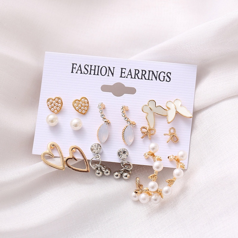 9 Pasang / Set Anting Tusuk / Bulat / Bulat / Rantai / Hati / Kupu-Kupu Bahan Alloy Warna Gold Untuk Wanita
