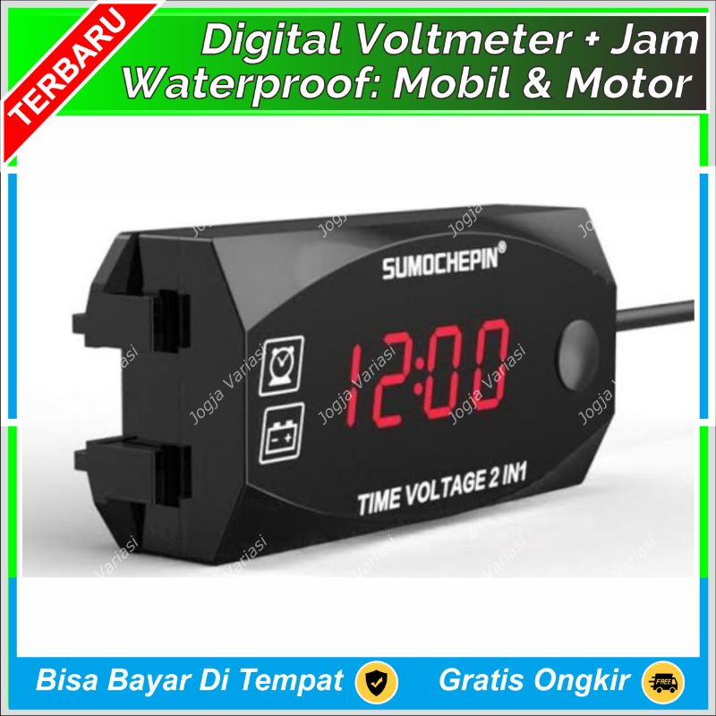 DIGITAL VOLTMETER + JAM 2 IN 1 PREMIUM SPORTIVO WATERPROOF MULTIFUNGSI 12V DC: PENGUKUR SUPLAY ARUS 