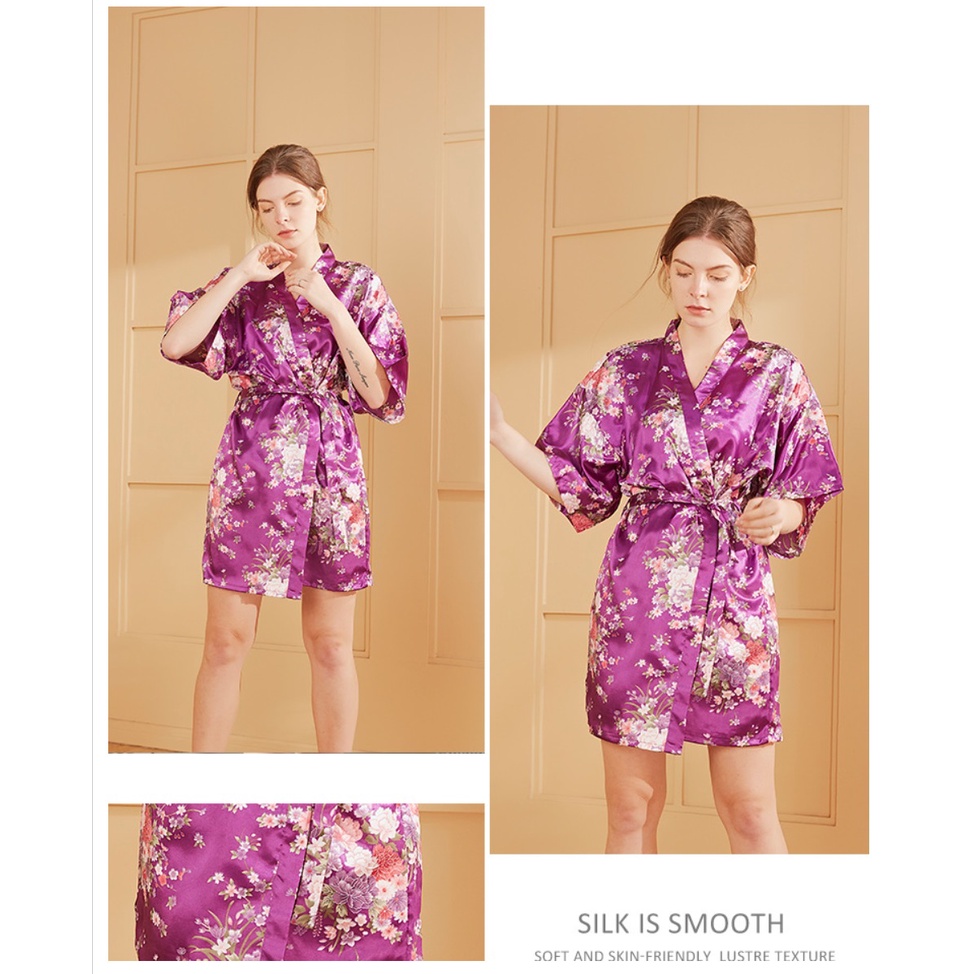 Baju Tidur KIMONO BUNGA satin Gaya Korea Fashion Peacock Fashion Silk Sleepwear Jepang