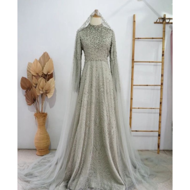 gaun pengantin Muslimah syarii hijau sage gaun akad gaun walimah wedding dress muslimah syar'i