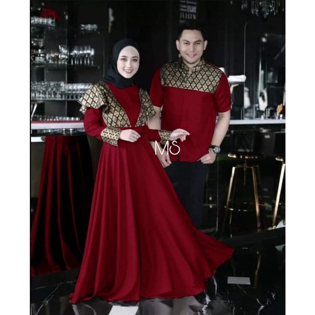 PCS CP PRINSA BATIK MS 2 UKURAN L XL FASHION PAKAIAN COUPLE PASANGAN KEMEJA DAN GAMIS MAXY BAHAN MOSCREPE KOMBI BATIK FOIL