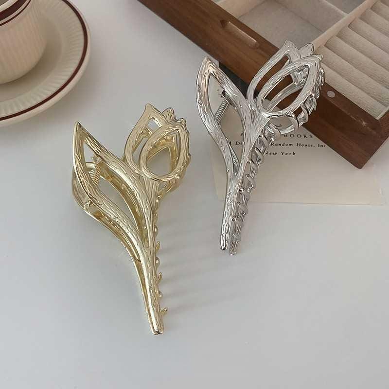PREMIUM Jepit Rambut Korea Bahan Alloy 12CM Motif Bunga Tulip - Jedai Logam Jumbo - Korean Metal Hair Claw Clip
