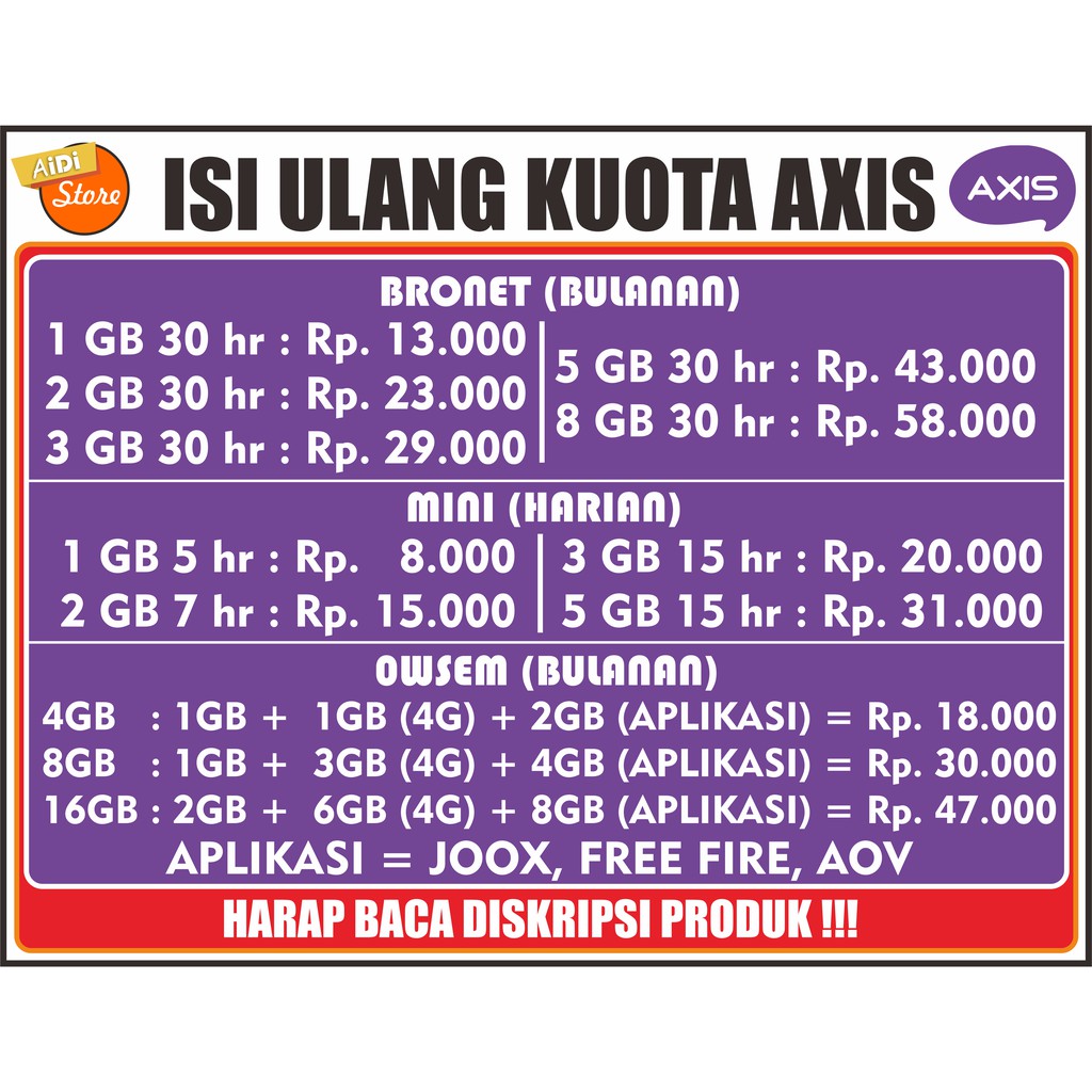[KIRIM VIA CHAT] VOUCHER ISI ULANG DATA KUOTA AXIS / PAKET DATA KUOTA AXIS BRONET DAN MINI