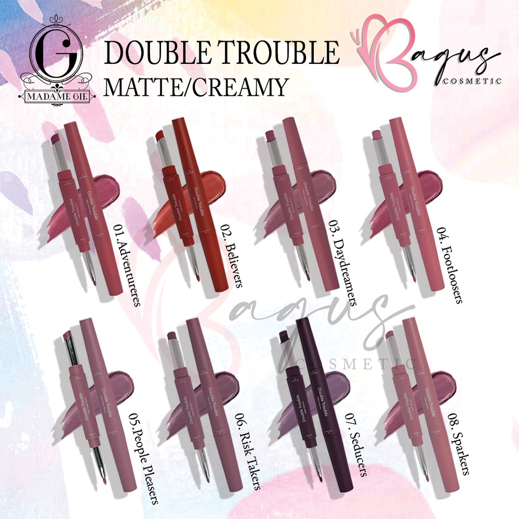 ⭐BAGUS⭐ MADAME GIE DOUBLE TROUBLE MATTE &amp; CREAMY SERIES | Lipstick 2 in 1