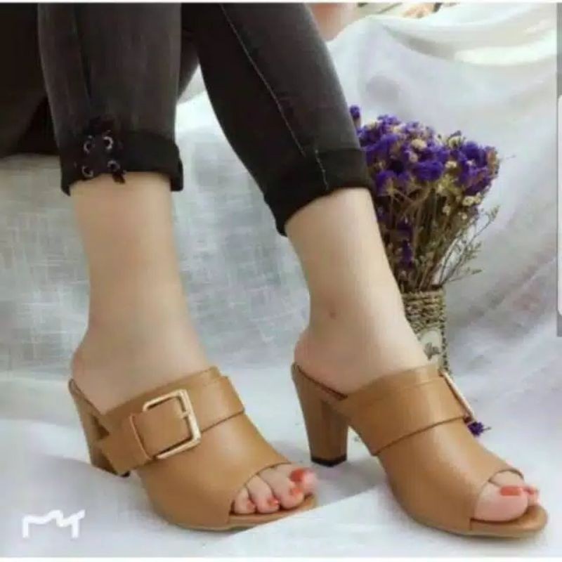 Sandal Heels Wanita Ukuran Jumbo besar Hak 7cm Ukuran no 41-42-43-44-45 sendal heel selop hitam cewek modis elegant mewah murah