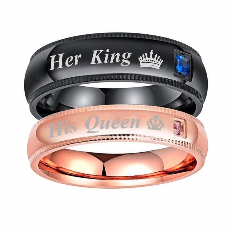 4pcs / set Gelang Cincin Pasangan Bahan stainless steel Desain His Queen / Her King Untuk Hadiah