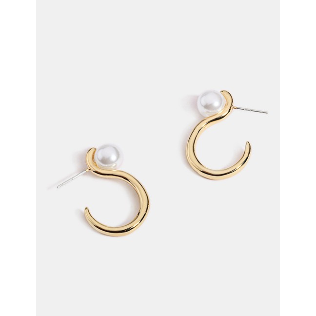 LRC Anting Tusuk Fashion Gold Pearl Geometric Silver Needle Stud Earrings A57206