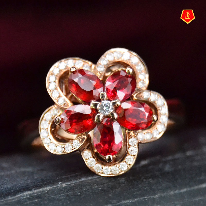 [Ready Stock]Fashion Elegant Ruby Flower Ring