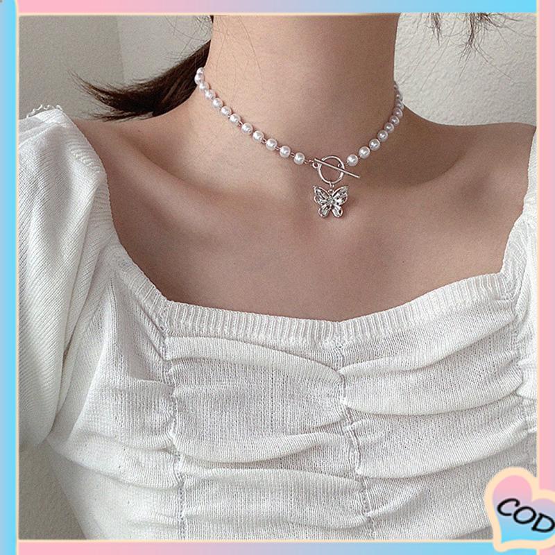 COD❤️Fashion Mutiara Manik-manik Kalung Elegan Kupu-kupu Liontin Klavikula Kalung Aksesoris Wanita-A.one