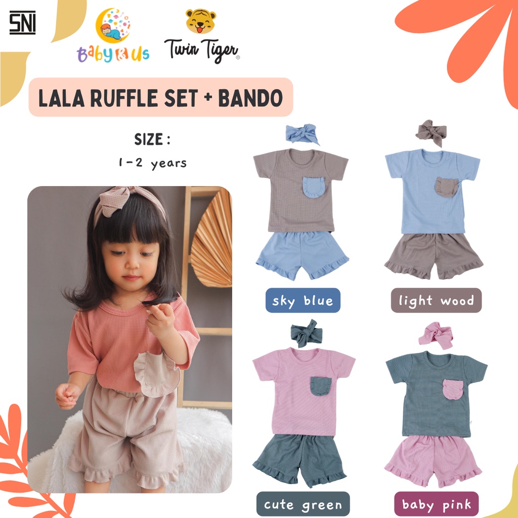 Twin Tiger Baby Lala Ruffle Set Waffle + Bando - Setelan Lengan Pendek Celana Pendek  Bando Perempuan 1-2 tahun