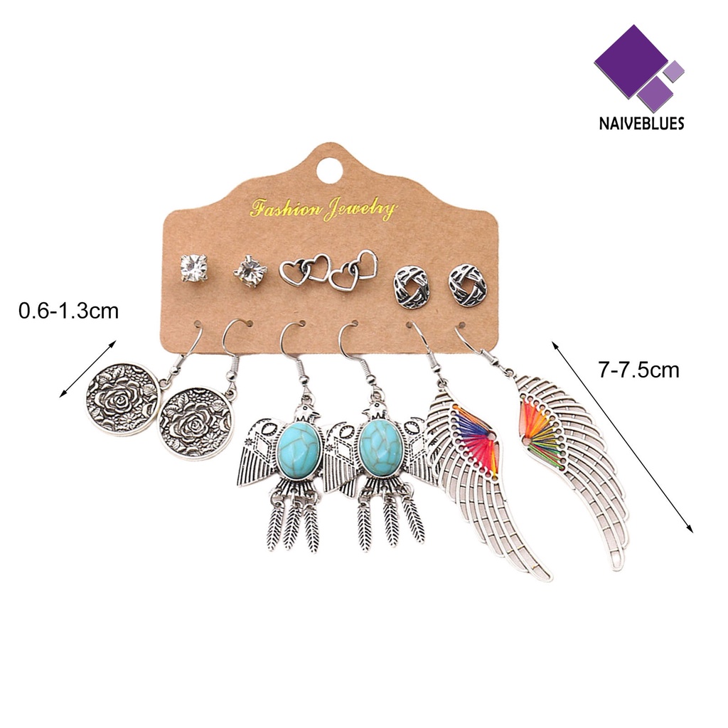 6 Pasang Anting Stud Rumbai Bentuk Daun Geometris Hollow Bahan Alloy Gaya Etnik