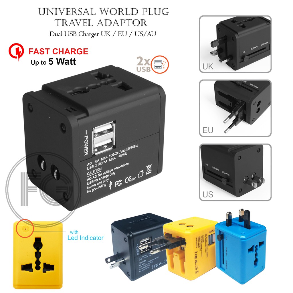 Universal Travel Adaptor Multi Soket dengan 2 Port USB Fast Charging Up to 5 Watt