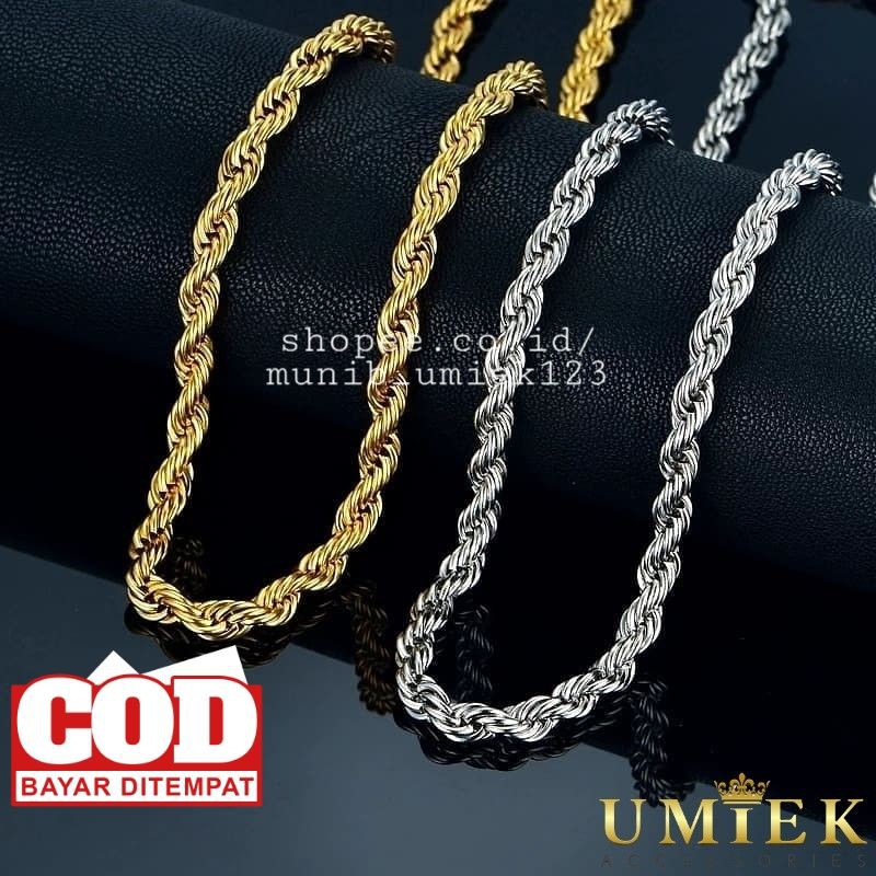 Kalung Pria Wanita Titanium tambang emas gold silver putih perak hitam black rantai Rante cowok cewe