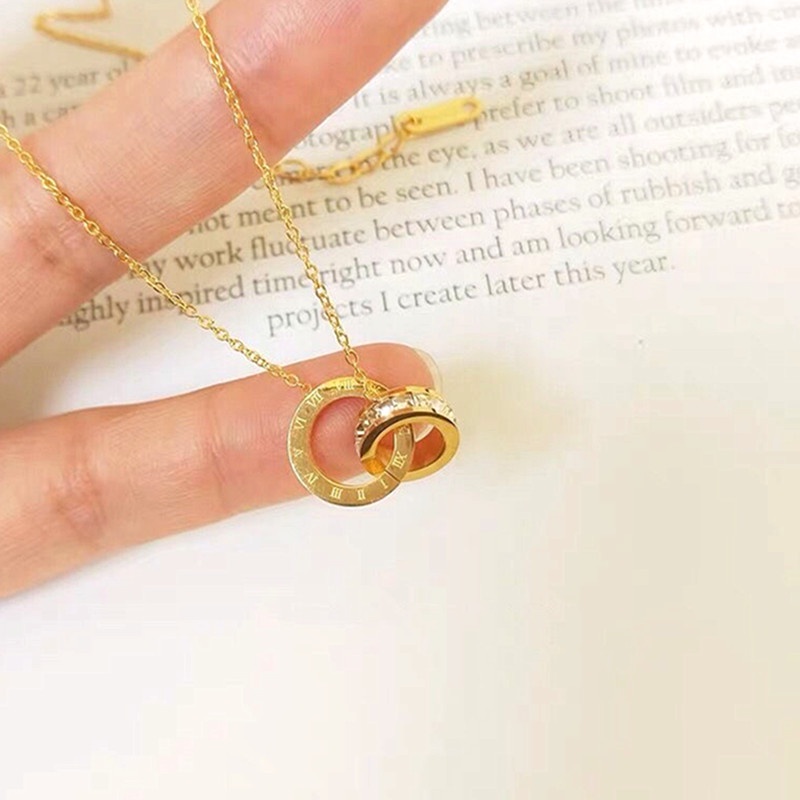 Kalung Titanium Premium 100% Anti Karat Angka Romawi Berlian Lapis Emas 18K Perhiasan