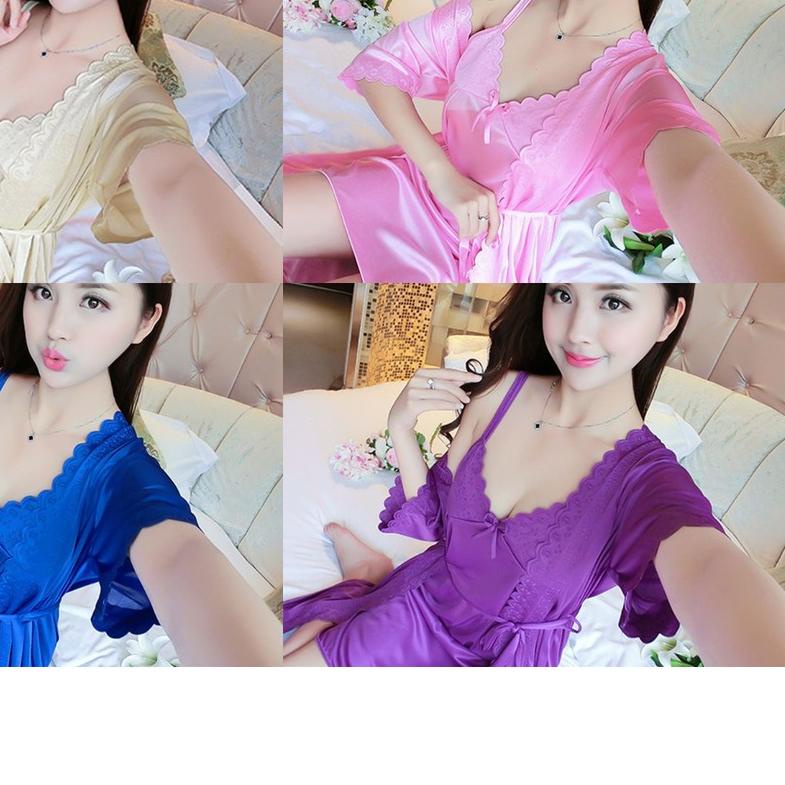 ✻ BAJU TIDUR DRESS TERMASUK CARDIGAN IMPORT BAHAN SATIN 033 ⅍