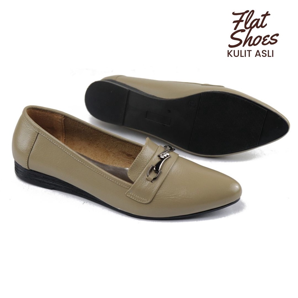 Sepatu Wanita Flat Pantofel Kerja Bahan Kulit Asli CPC 1305 Cream