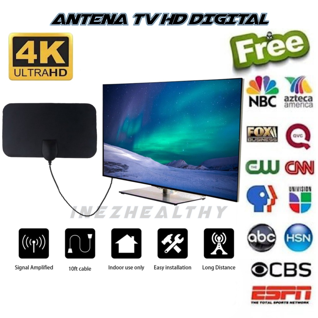 ANTENA TV HD DIGITAL PENGUAT SINYAL INDOOR MINIMALIS HD HDTV 50 MILES DVB-T2 4K Kabel 3 Meter 10v 10watt Range VHF UHF