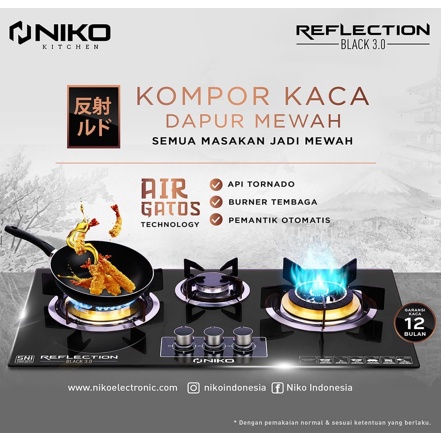 *NIKO*Kompor Gas 3 Tungku Kaca - Niko Reflection Black