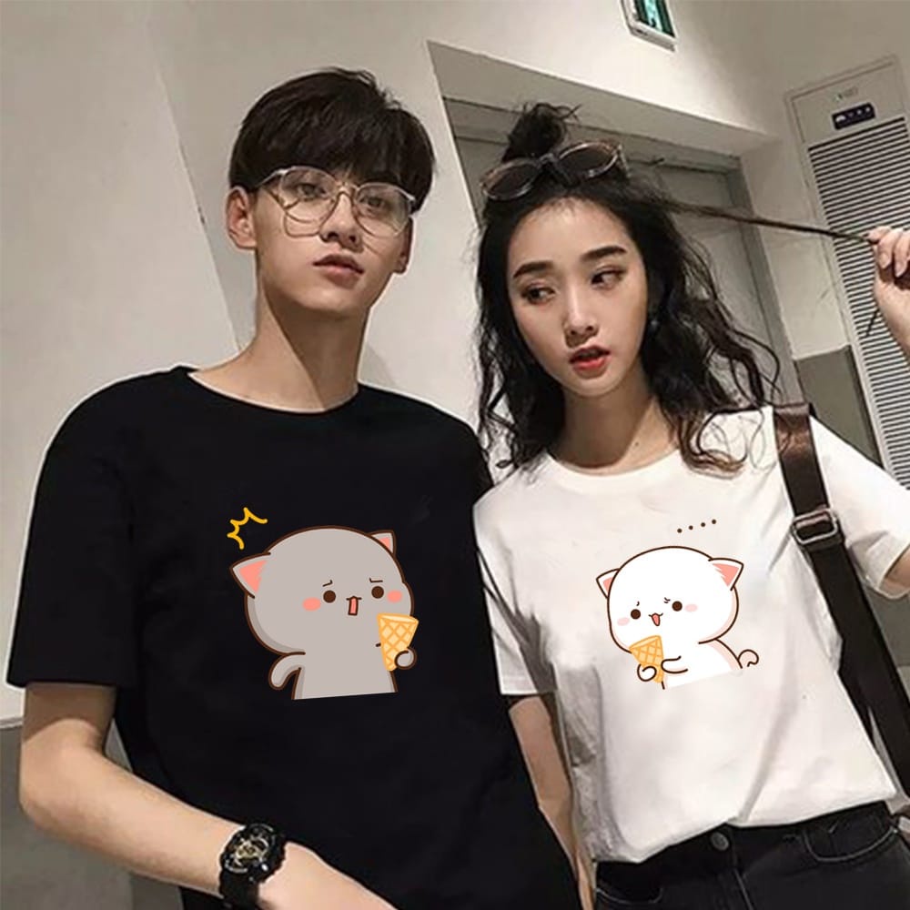 MYSTIQUE.ID-BAJU KAOS COUPLE STIKER KUCING T-SHIRT LUCU DAN AESTHETIC