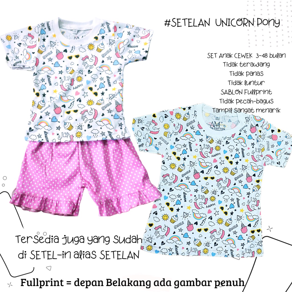 Setelan Anak Perempuan Fullprint 3 bulan sd 4 tahun Kuda Pony RAINBOW merk. AM27