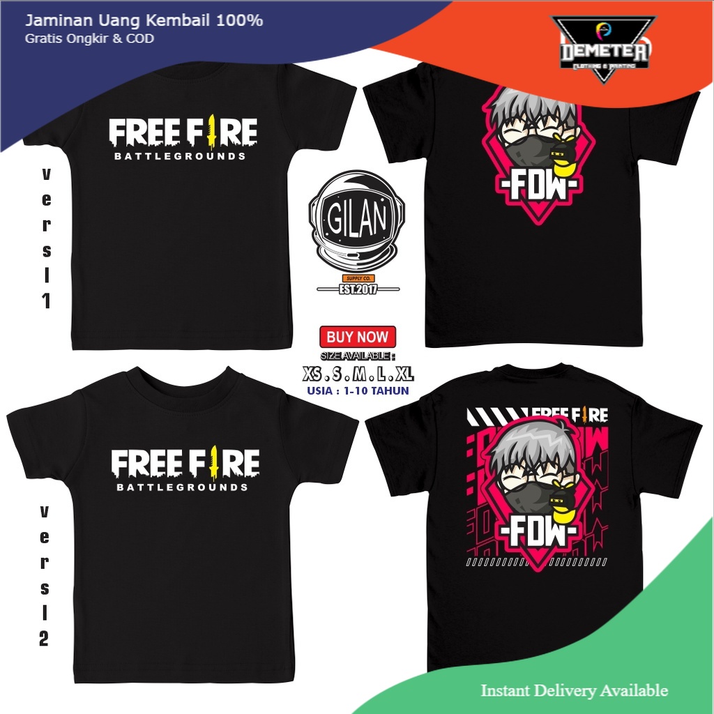 Kaos Baju Anak FREE FIRE FDW EFDEWE Kaos Anak Game Youtube Gamer - Gilan