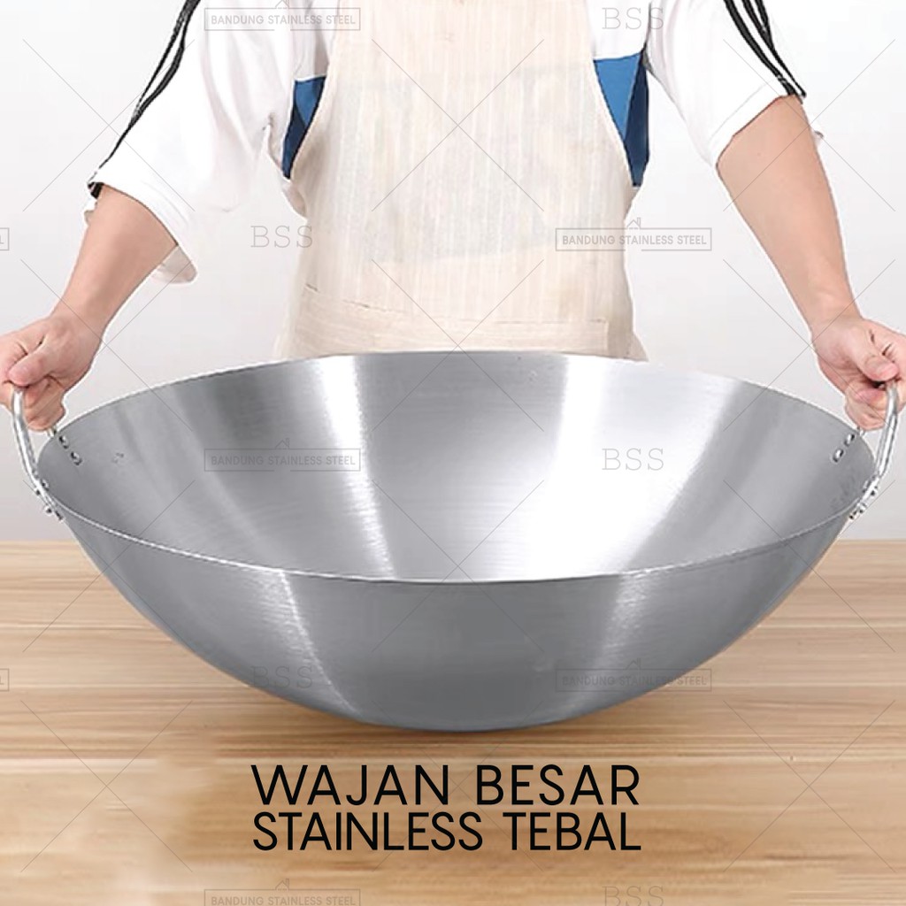 Wajan Besar 43cm 47cm 50cm Penggorengan Stainless Steel Tebal Wok Kuali Goreng