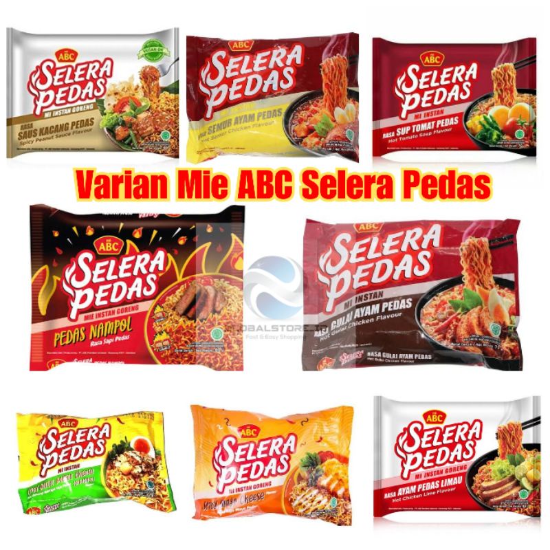 

mie abc varian rasa selera pedas rasa gulai ayam pedas /abc tomat pedas /abc mie goreng pedas nampl / saus kacang pedas/garlic butter/mayo cheese/pedas limau/gurimi goreng/gurimi kaldu ayam