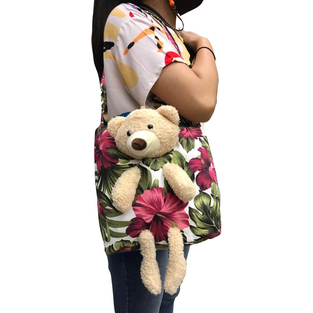 TAS BAHU SHOULDER TOTE WANITA  BONEKA LUCU TEDDY BEAR BERUANG KANVAS MOTIF 6049-1