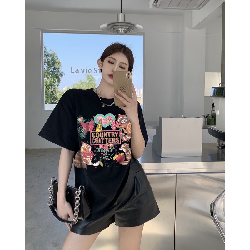 Printed T-shirt /atasan wanita warna putih/baju oversize wanita /baju oversize wanita murah murah/Atasan hitam lengan pendek retro longgar gaya korea sederhana