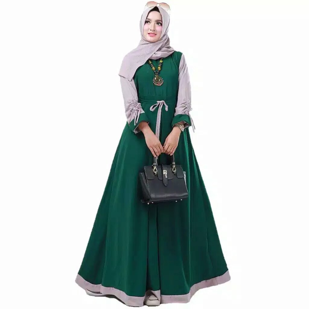 Renata Dress muslim/Busui Resleting Depan/Tanpa Hijab/bisa Cod-hijau botol