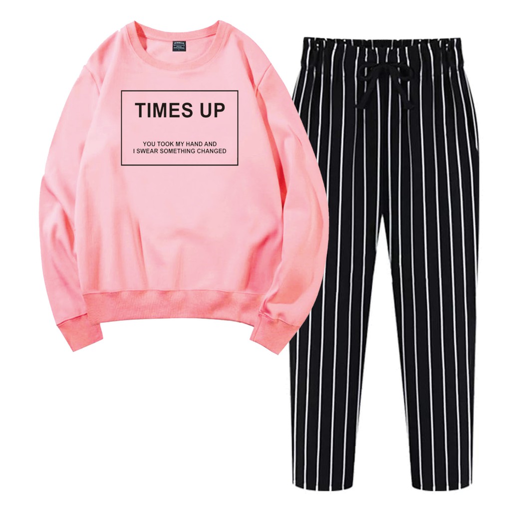 BESS - Baju Setelan Wanita Murah / Setelan Sweater + Celana Salur Hitam - TIMES UP