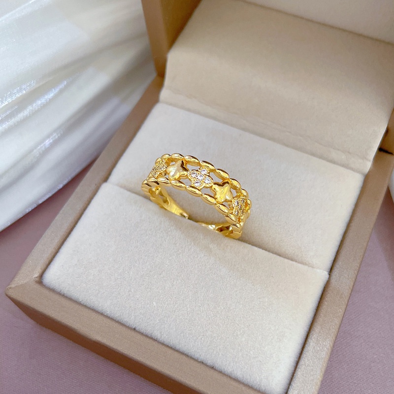 Cincin Lapis Emas 24K Desain Bunga Keberuntungan Adjustable Untuk Wanita