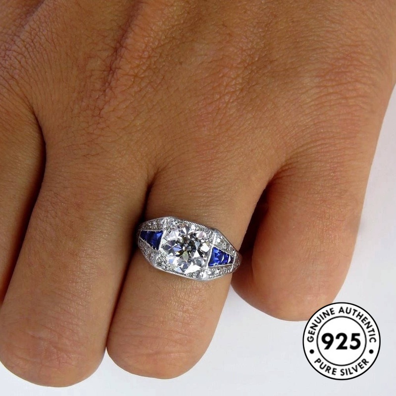 Cincin Sterling Silver 925 Dengan Berlian Kotak Warna Biru Untuk Wanita