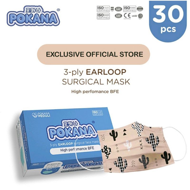 Masker POKANA 3-ply Adult Earloop Surgical Face Masker 30s - Motif Kaktus